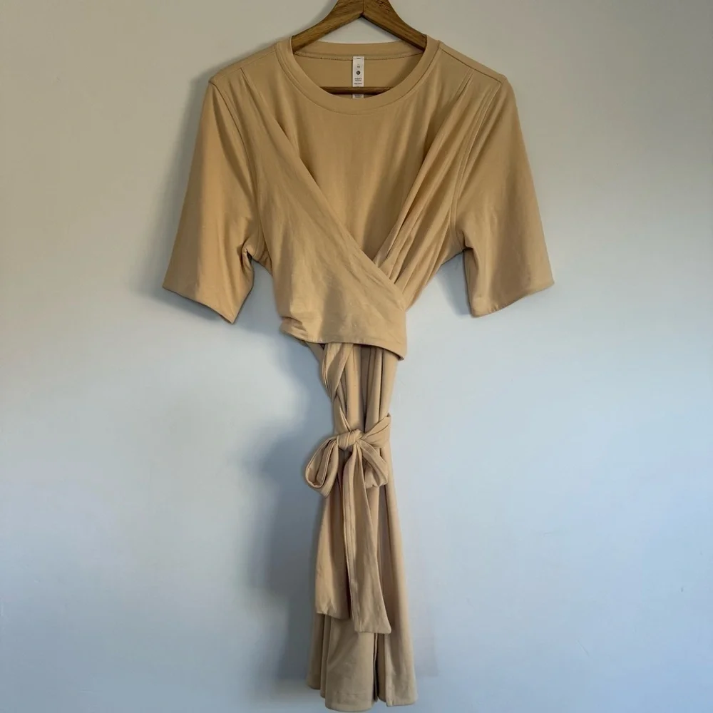 Lululemon Cotton Wrap-Front T-Shirt Dress in Cream Size: 10